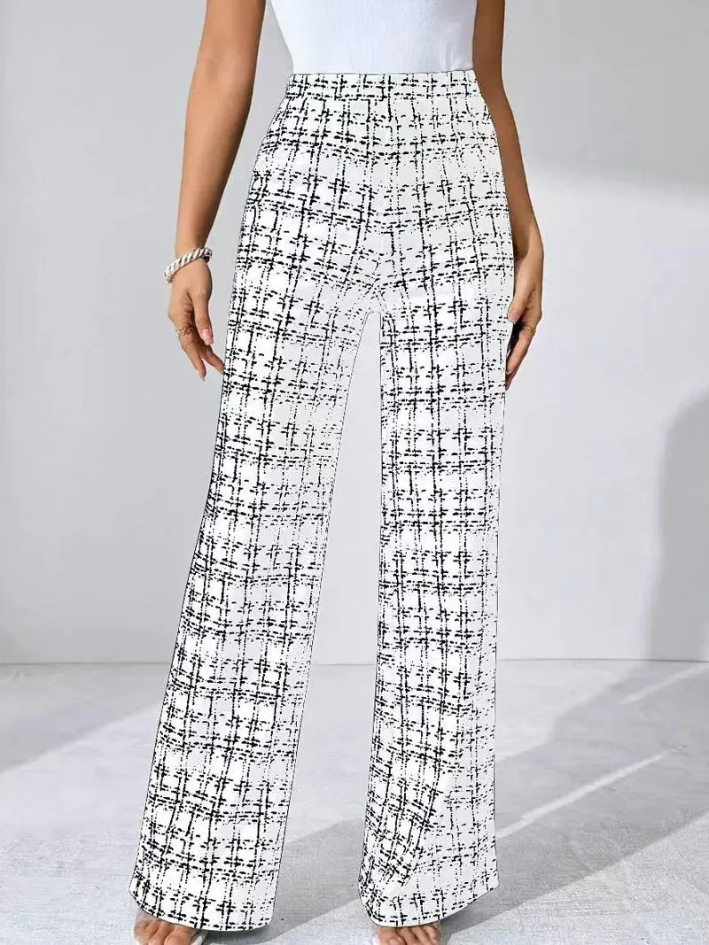 Women's Plaid Print Wide Leg Pants – High Waist Pull-On Work Office Trousers