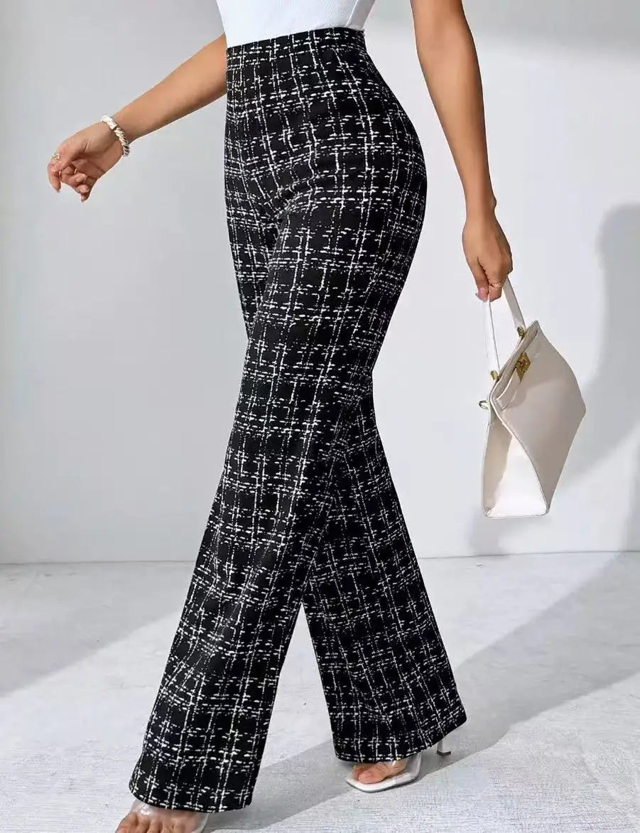 Women's Plaid Print Wide Leg Pants – High Waist Pull-On Work Office Trousers