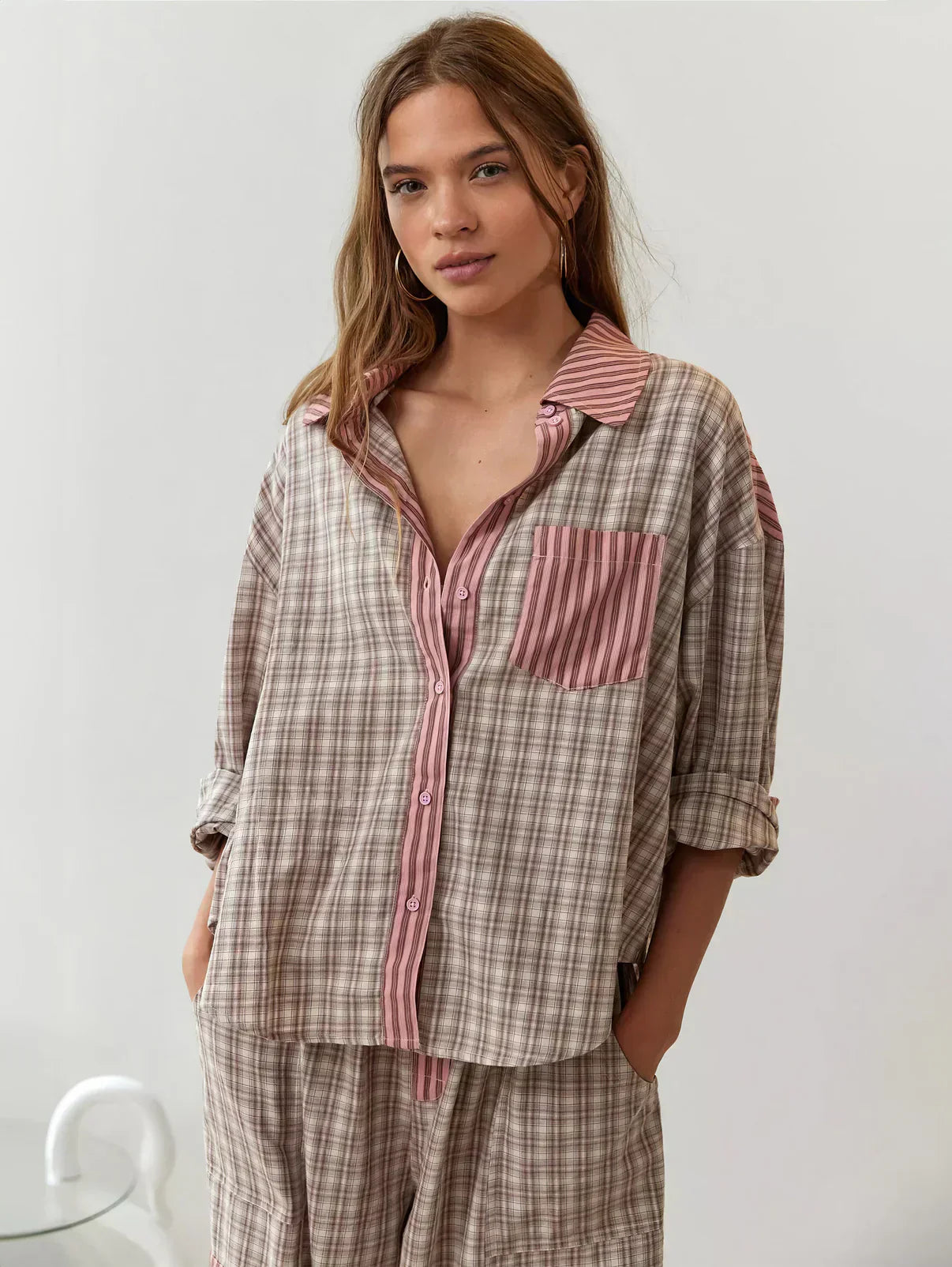 Women's Plaid Stripe Two Piece Pajama Set – Mixed Print Button Front Nightwear
