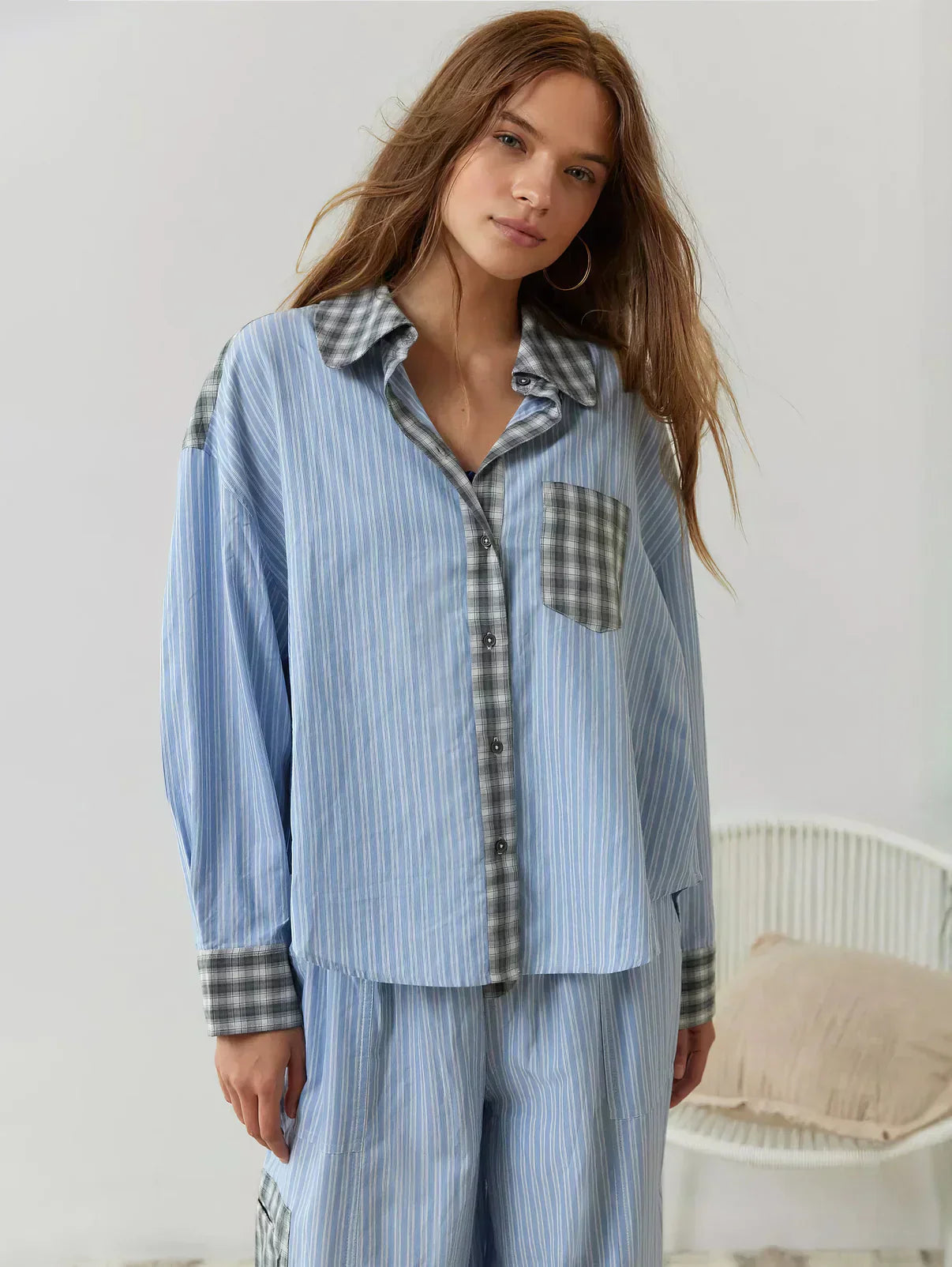 Women's Plaid Stripe Two Piece Pajama Set – Mixed Print Button Front Nightwear