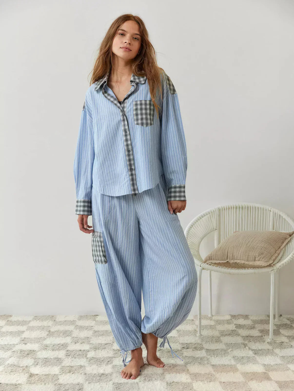 Women's Plaid Stripe Two Piece Pajama Set – Mixed Print Button Front Nightwear