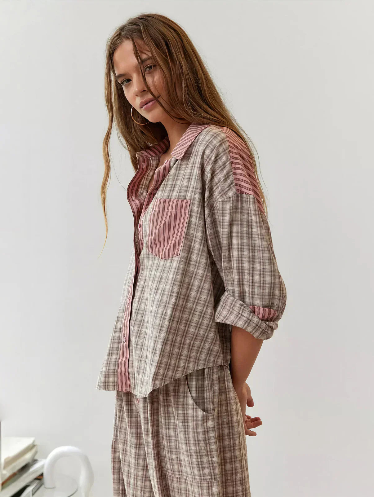 Women's Plaid Stripe Two Piece Pajama Set – Mixed Print Button Front Nightwear
