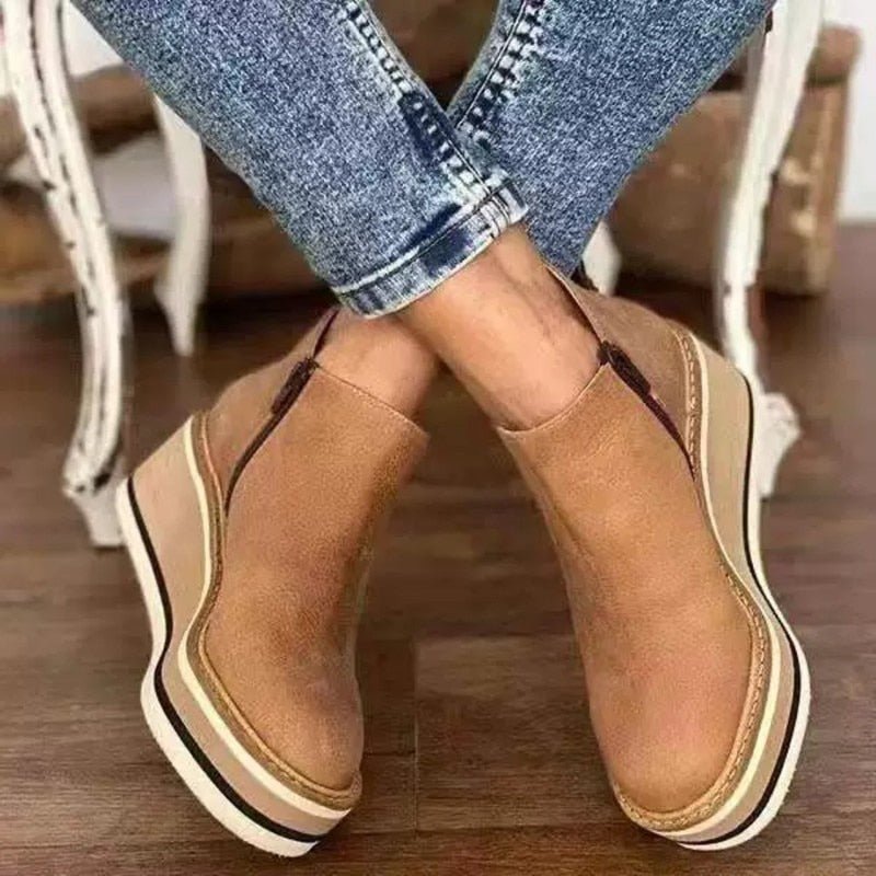 Women's Platform Ankle Boots – Round Toe Wedge Heel Striped Sole Casual