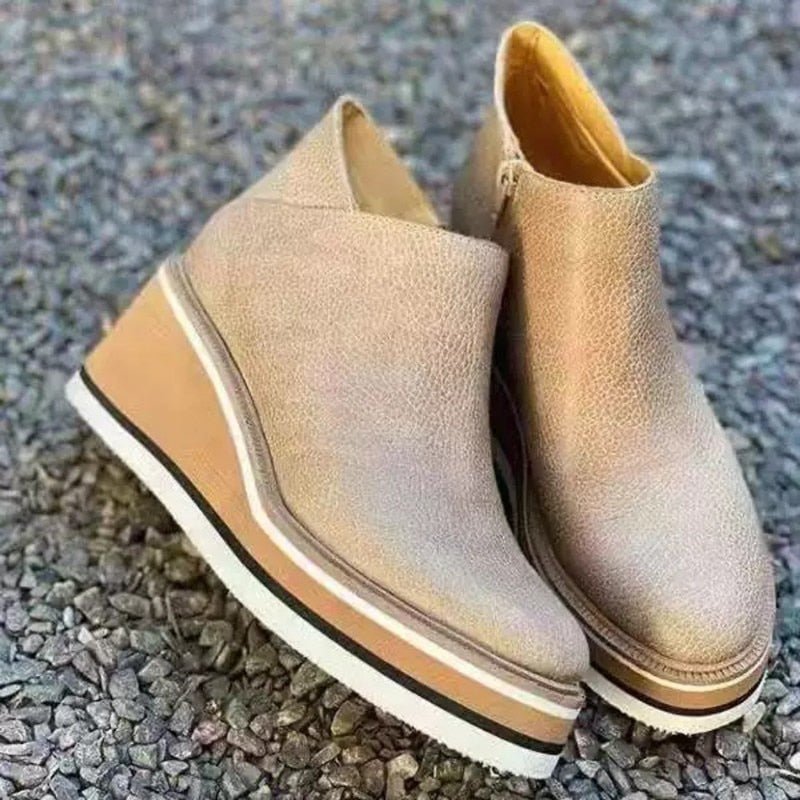 Women's Platform Ankle Boots – Round Toe Wedge Heel Striped Sole Casual