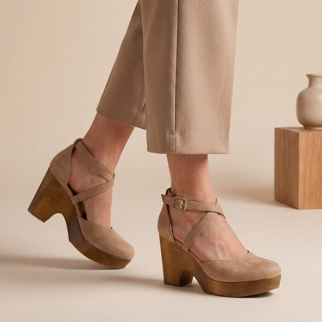 Women's Platform Block Heel Shoes – Cross Ankle Strap Buckle Closed Toe