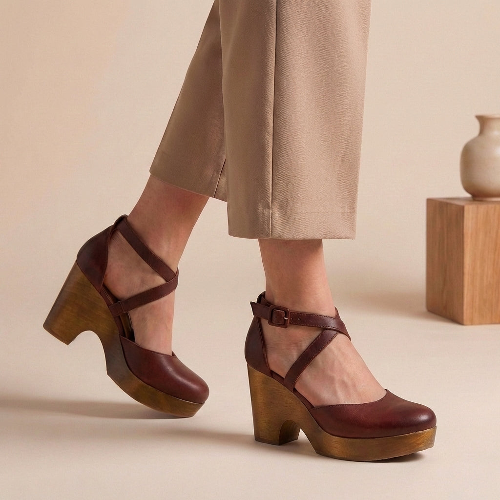 Women's Platform Block Heel Shoes – Cross Ankle Strap Buckle Closed Toe