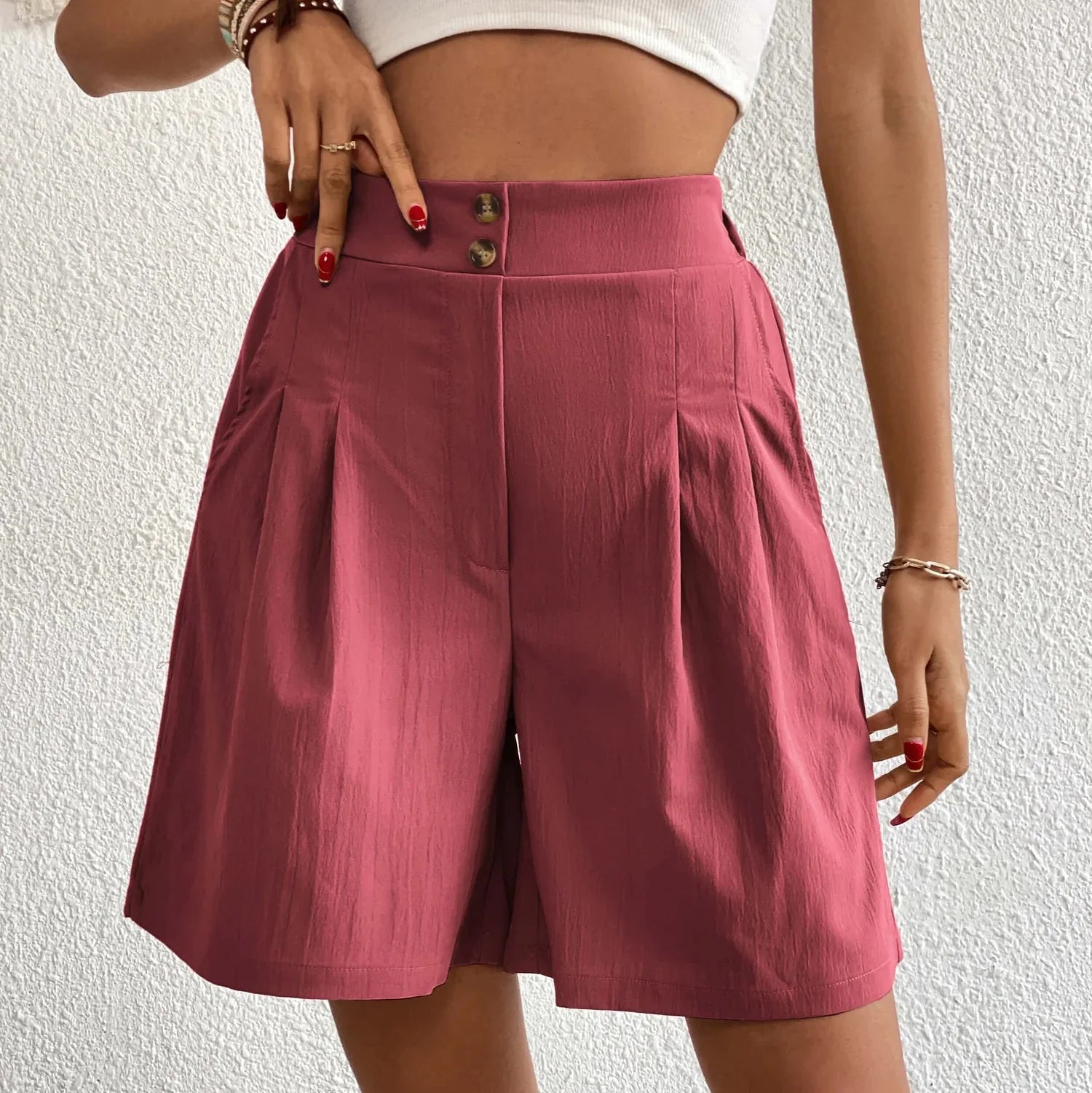 Women's Pleated Bermuda Shorts – High Waist Button Front Pocket Casual