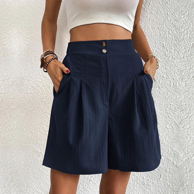 Women's Pleated Bermuda Shorts – High Waist Button Front Pocket Casual