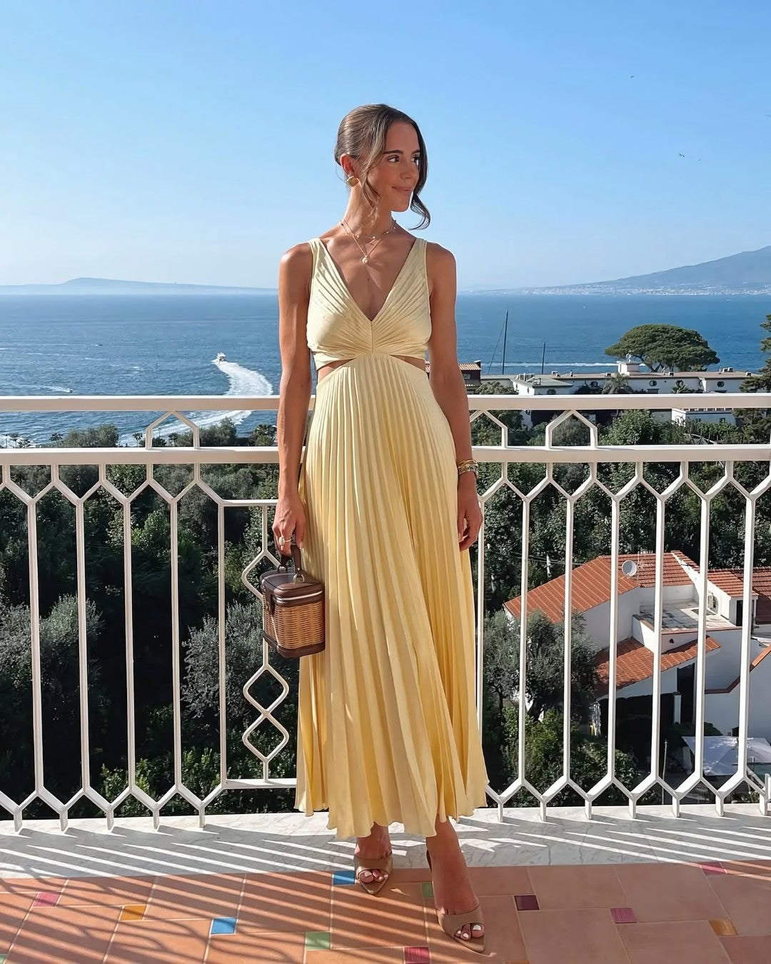 Women's Pleated Cut Out Midi Dress – V Neck Ruched Front Wedding Guest