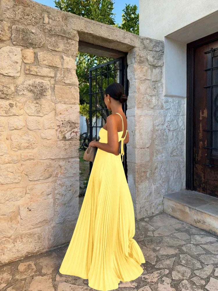 Women's Pleated Halter Maxi – Cut Out Ruched Backless Wedding Guest Dress