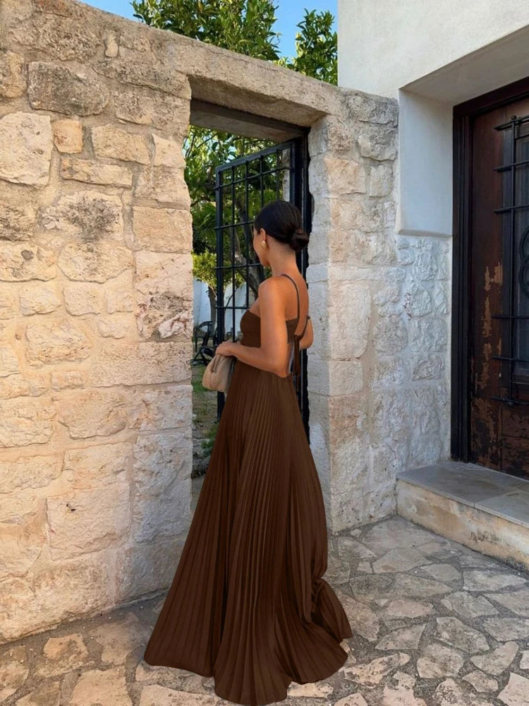 Women's Pleated Halter Maxi – Cut Out Ruched Backless Wedding Guest Dress