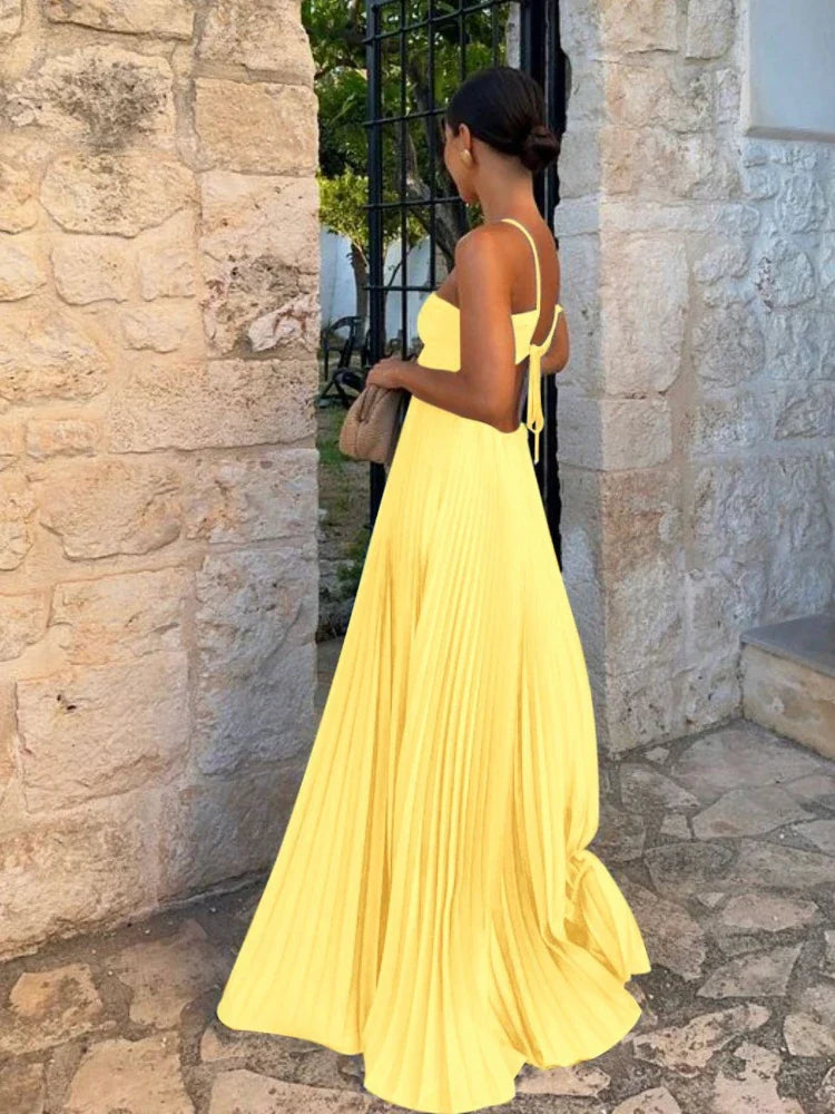 Women's Pleated Maxi Dress – Crossover Halter Neck Open Back Wedding Guest