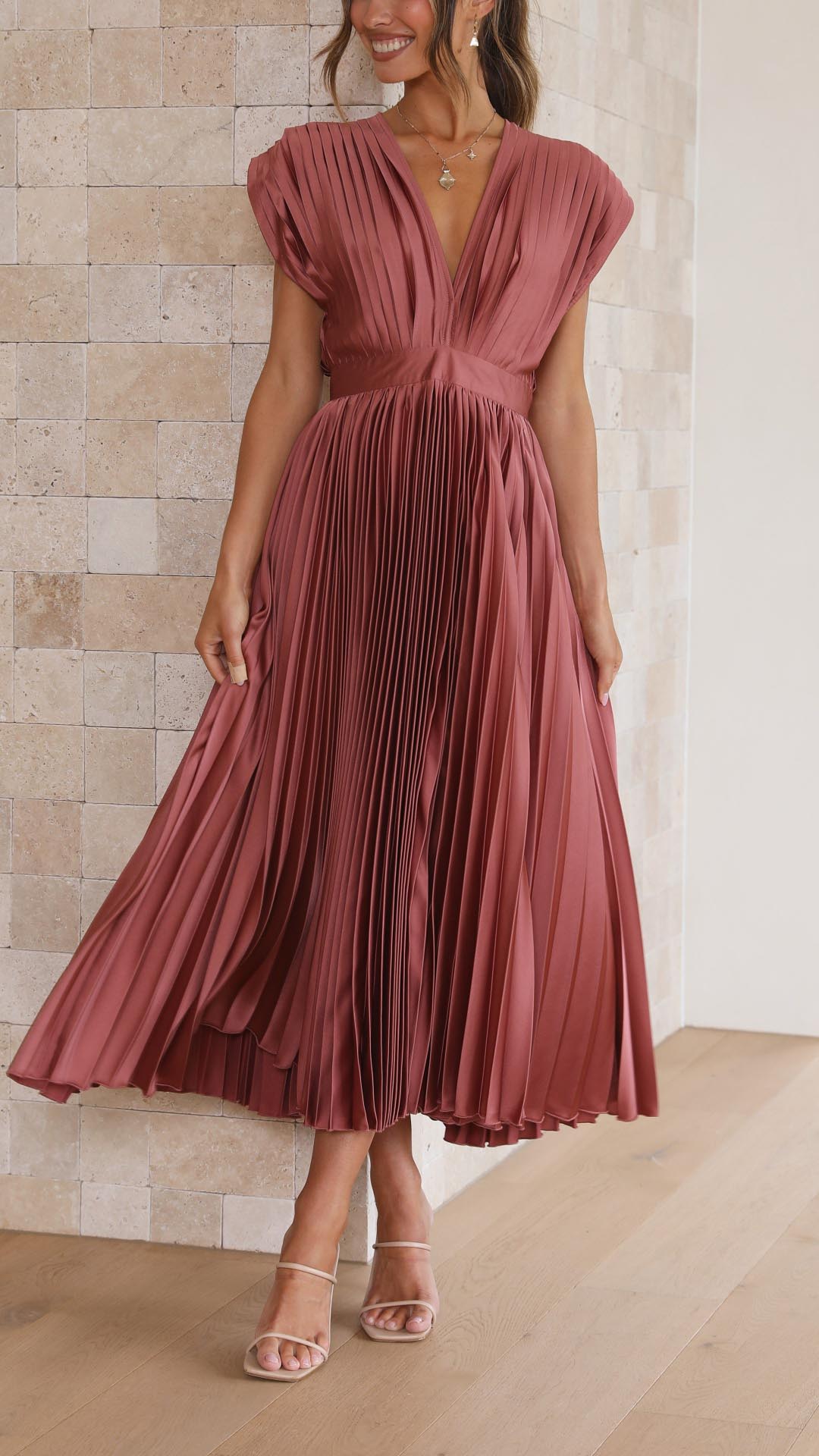 Women's Pleated V Neck Cap Sleeve Midi – Fitted Waist Wedding Guest Dress