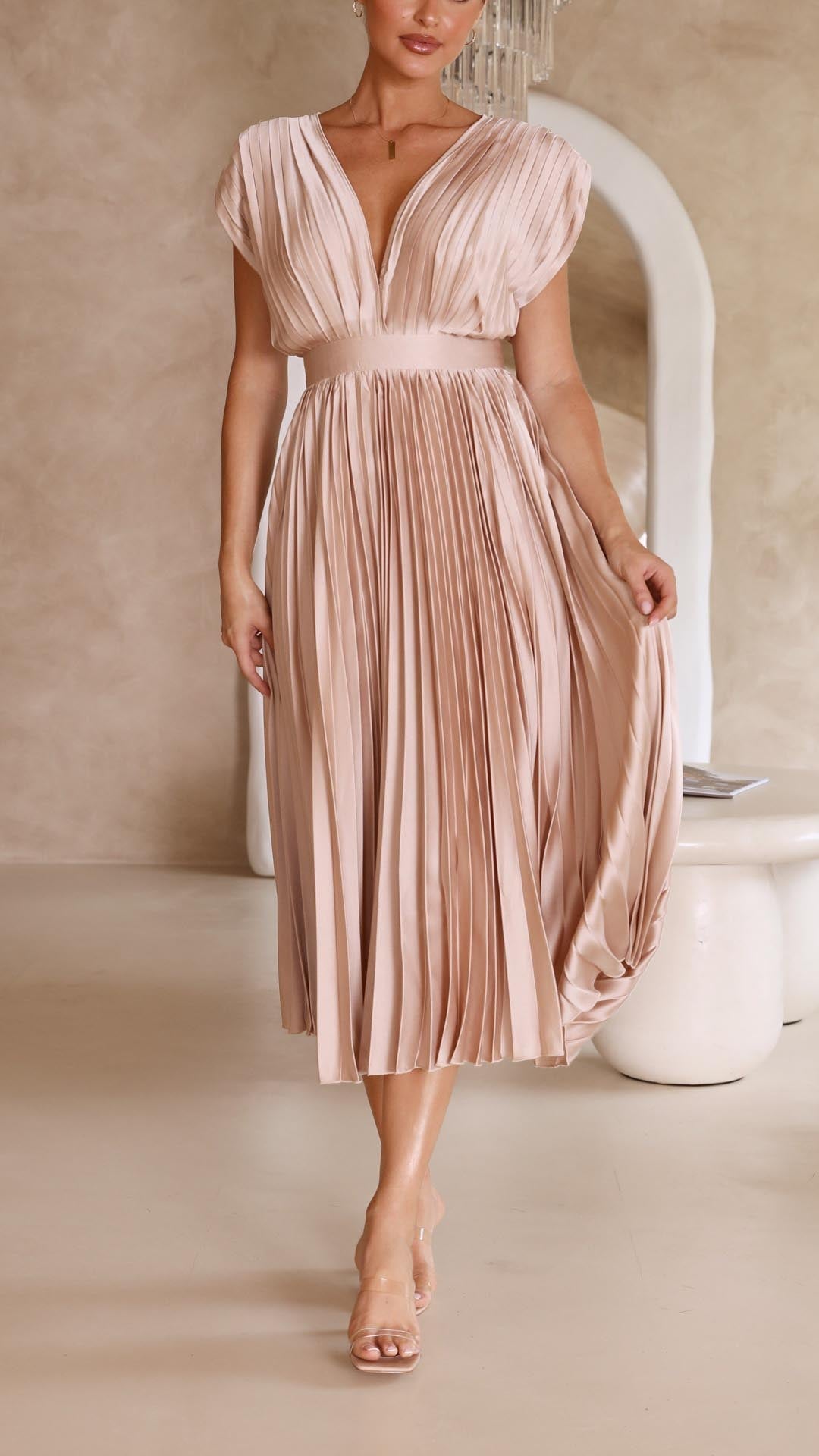 Women's Pleated V Neck Cap Sleeve Midi – Fitted Waist Wedding Guest Dress