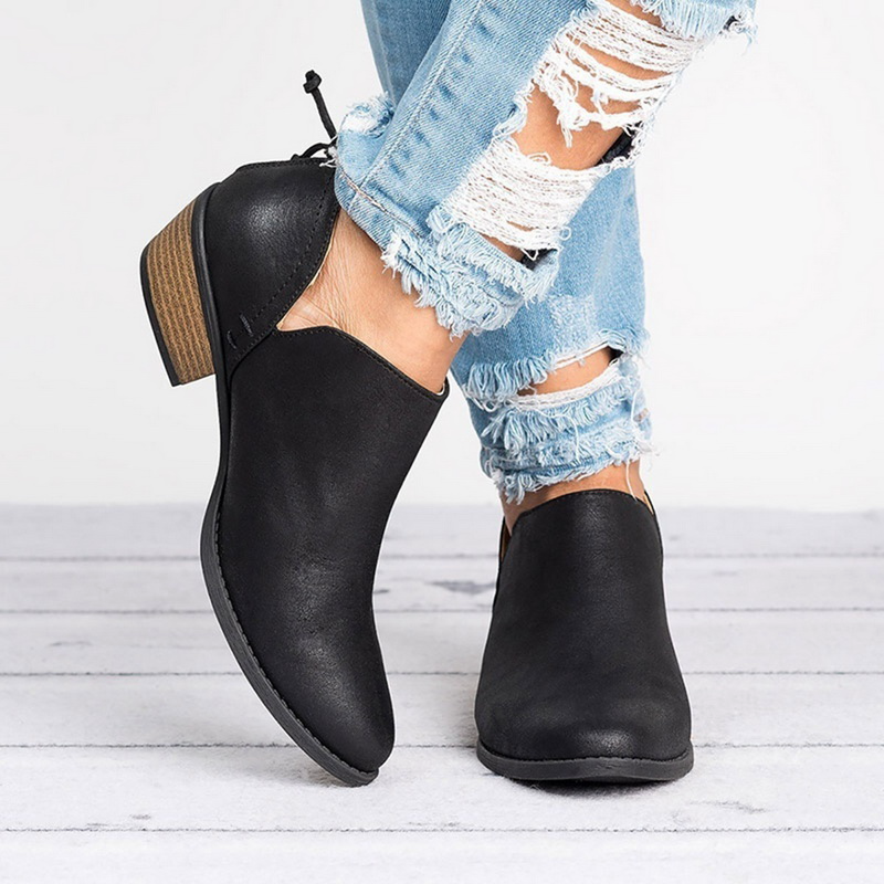 Women's Pointed Toe Ankle Boots – Back Zip Low Block Heel V-Cut Casual