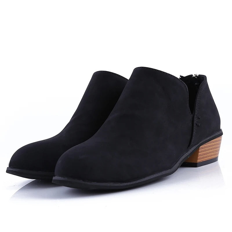 Women's Pointed Toe Ankle Boots – Back Zip Low Block Heel V-Cut Casual