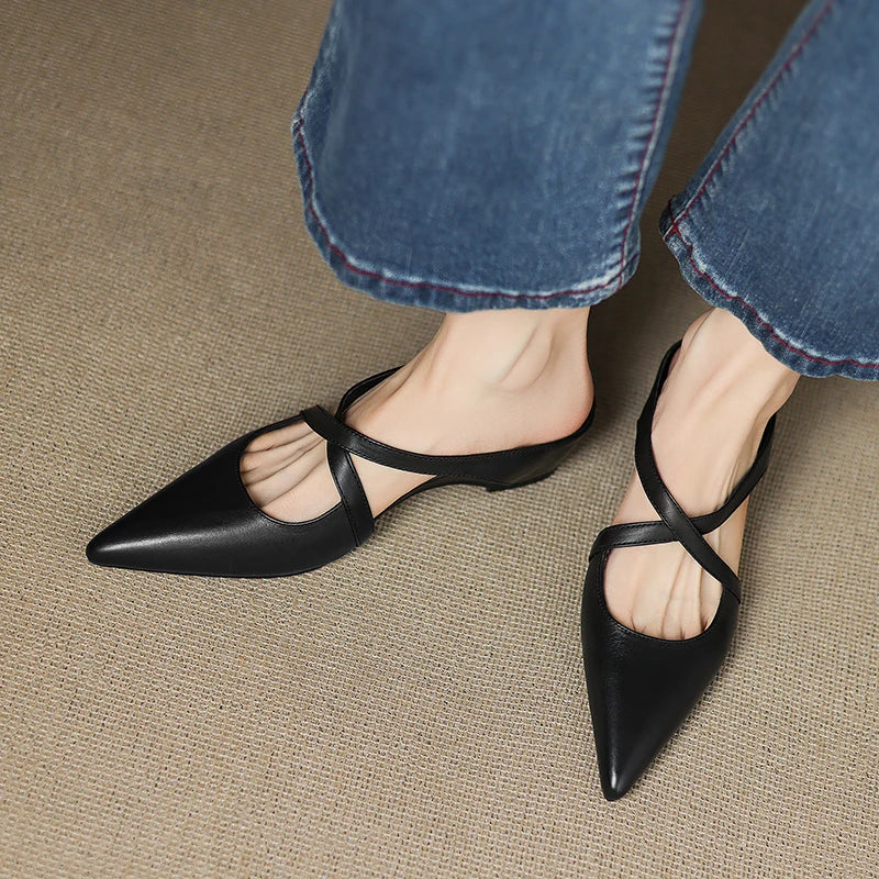 Women's Pointed Toe Mule Shoes – Cross Strap Cutout Low Heel Casual