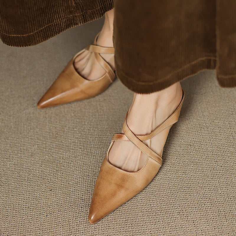 Women's Pointed Toe Mule Shoes – Cross Strap Cutout Low Heel Casual