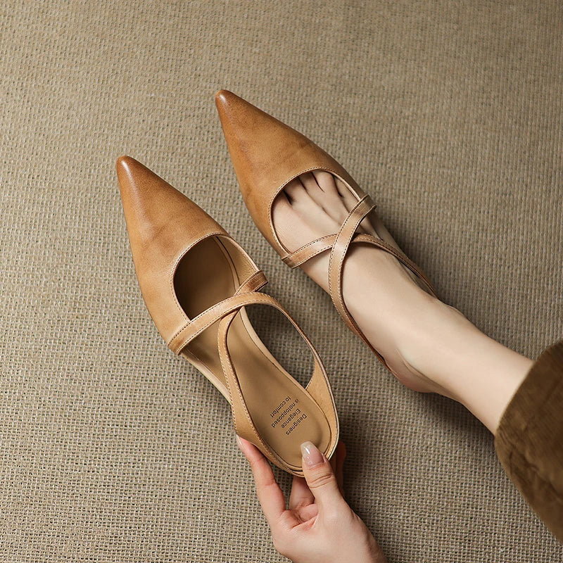 Women's Pointed Toe Mule Shoes – Cross Strap Cutout Low Heel Casual
