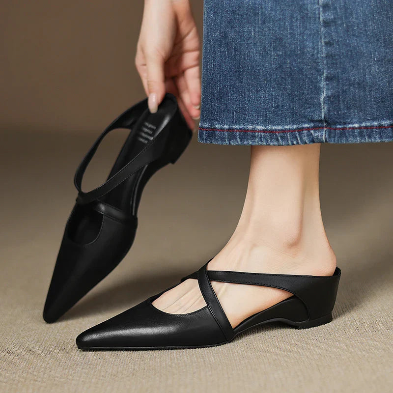 Women's Pointed Toe Mule Shoes – Cross Strap Cutout Low Heel Casual