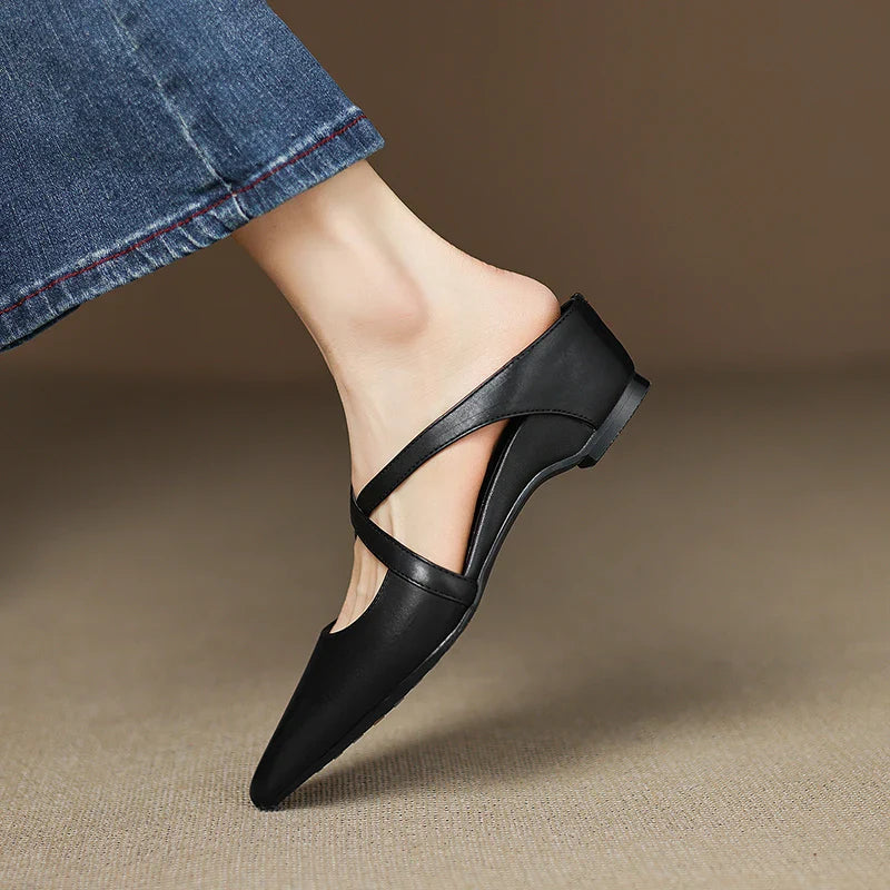 Women's Pointed Toe Mule Shoes – Cross Strap Cutout Low Heel Casual