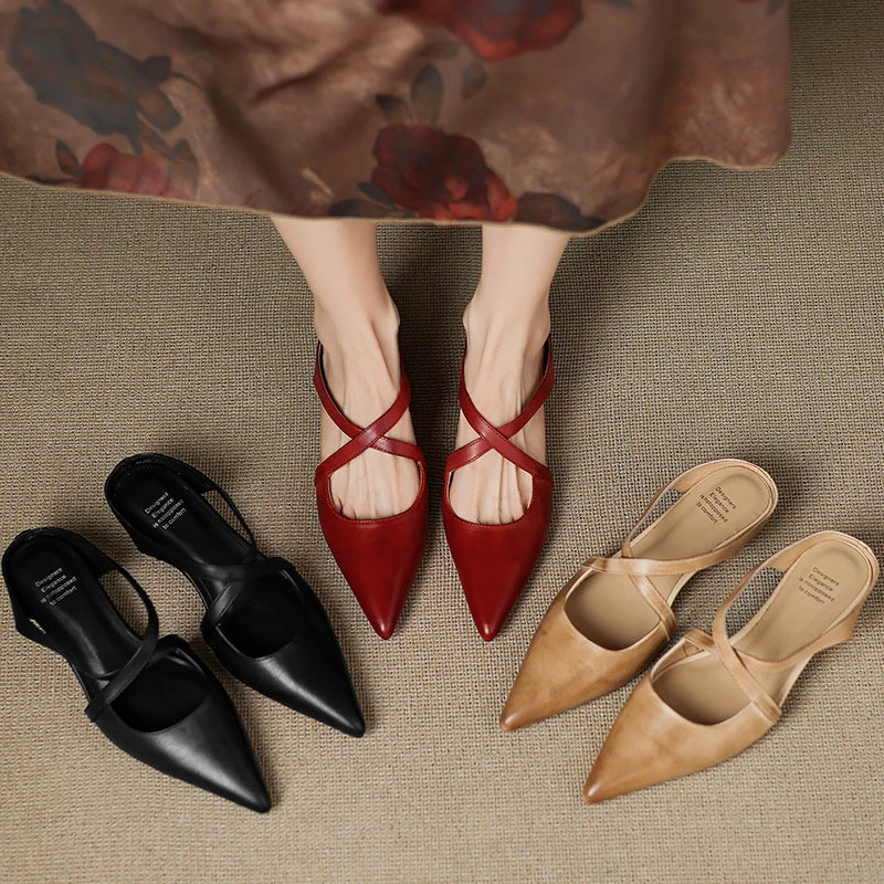 Women's Pointed Toe Mule Shoes – Cross Strap Cutout Low Heel Casual