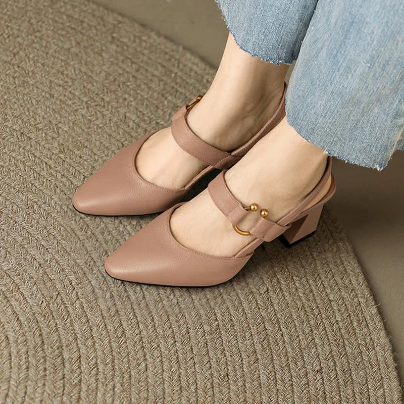 Women's Pointed Toe Slingback Pumps – Mary Jane Block Heel Ring Office
