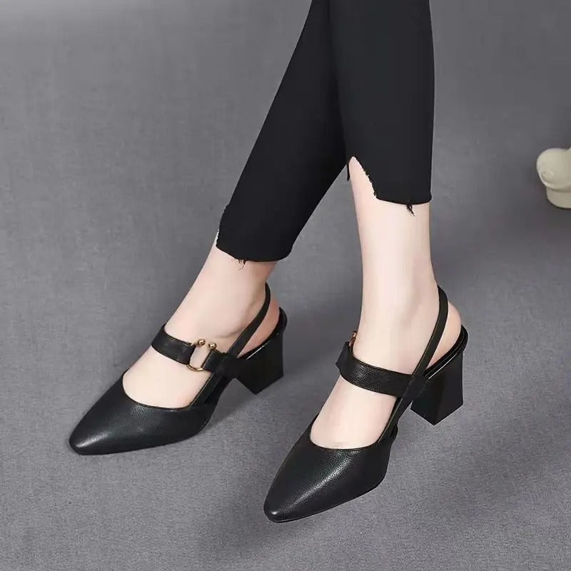 Women's Pointed Toe Slingback Pumps – Mary Jane Block Heel Ring Office