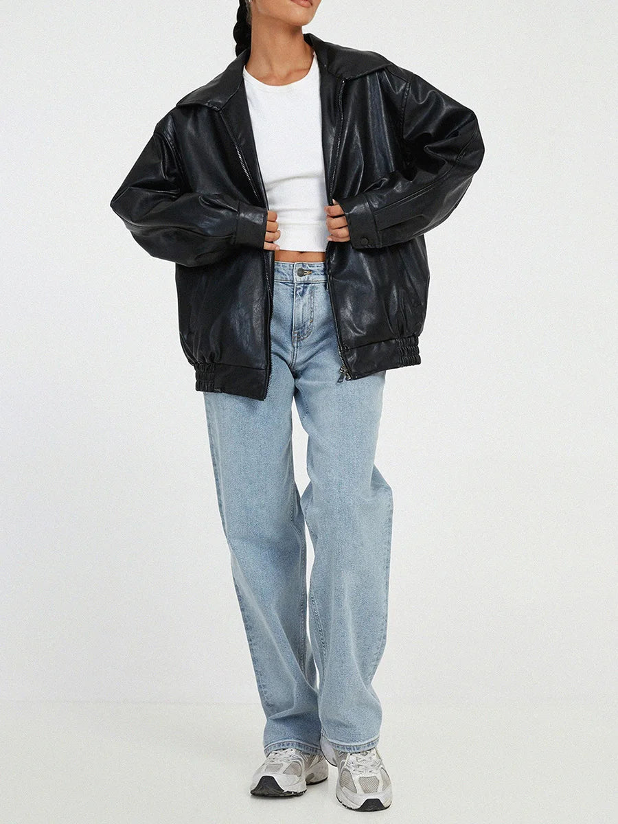 Women's PU Oversized Bomber Jacket – Zip Front Wide Collar Gathered Hem