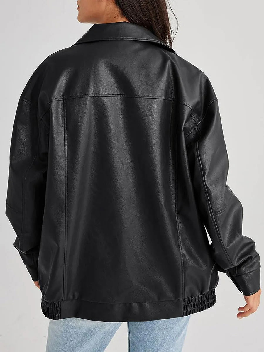 Women's PU Oversized Bomber Jacket – Zip Front Wide Collar Gathered Hem