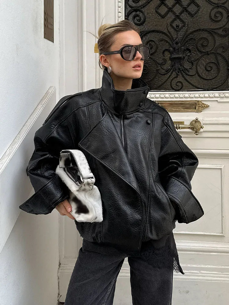 Women's PU Oversized Jacket – High Neck Zip Front Moto Street Style