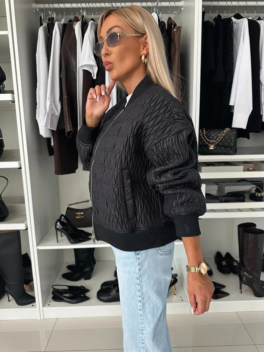 Women's Quilted Bomber Jacket – Zip Front Ribbed Collar Long Sleeve Casual