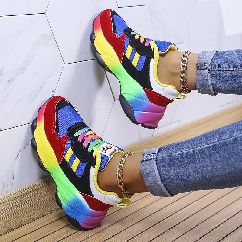 Women's Rainbow Colorblock Chunky Sneakers – Lace Up Platform Low Top Casual