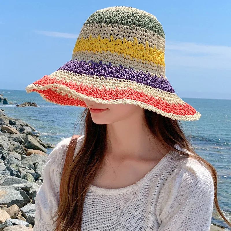 Women's Rainbow Stripe Crochet Straw Bucket Hat – Wide Brim Open Weave Beach