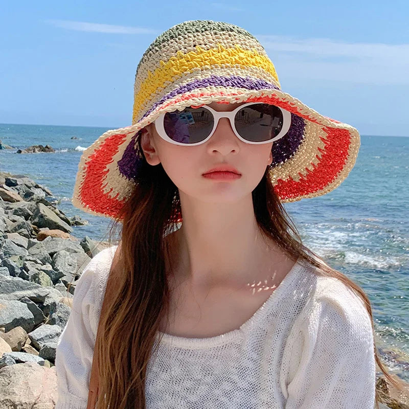 Women's Rainbow Stripe Crochet Straw Bucket Hat – Wide Brim Open Weave Beach