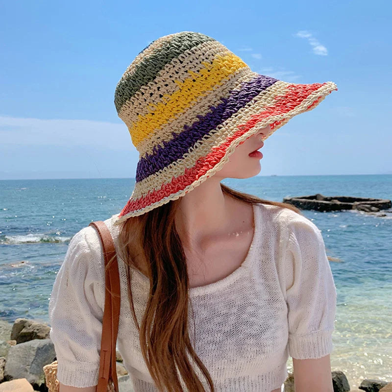 Women's Rainbow Stripe Crochet Straw Bucket Hat – Wide Brim Open Weave Beach