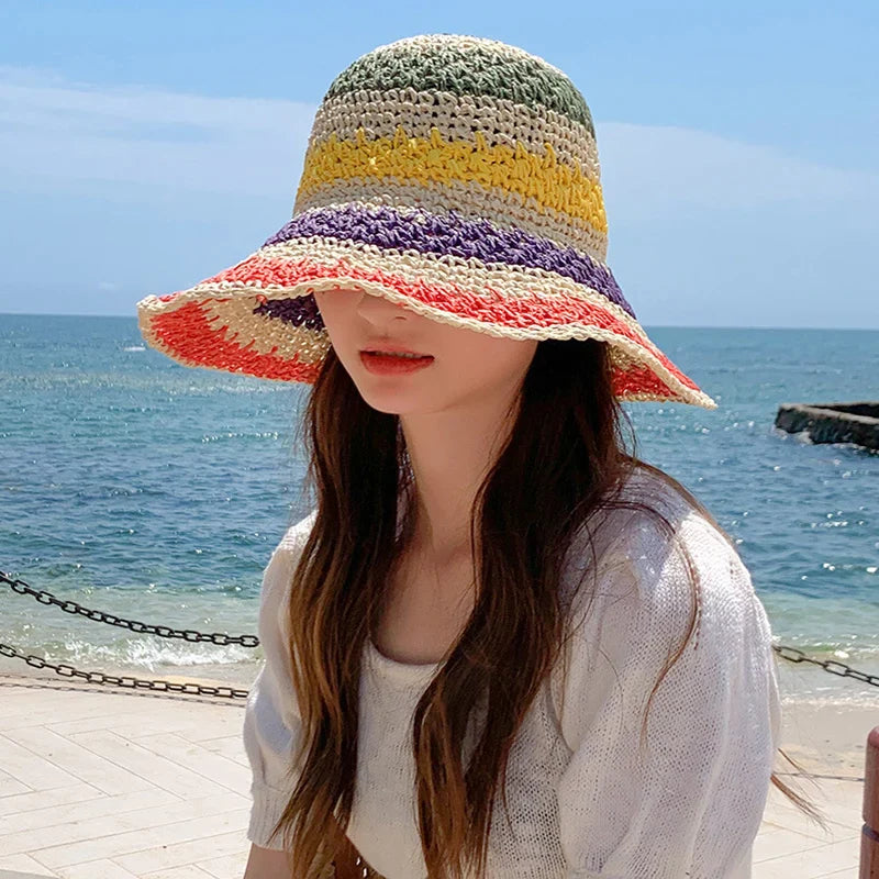 Women's Rainbow Stripe Crochet Straw Bucket Hat – Wide Brim Open Weave Beach