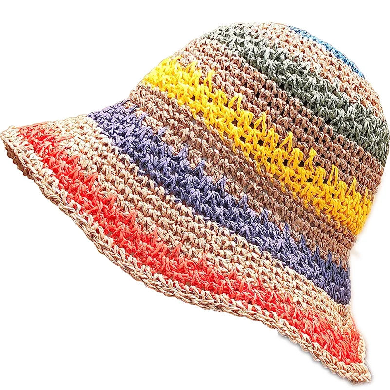 Women's Rainbow Stripe Crochet Straw Bucket Hat – Wide Brim Open Weave Beach