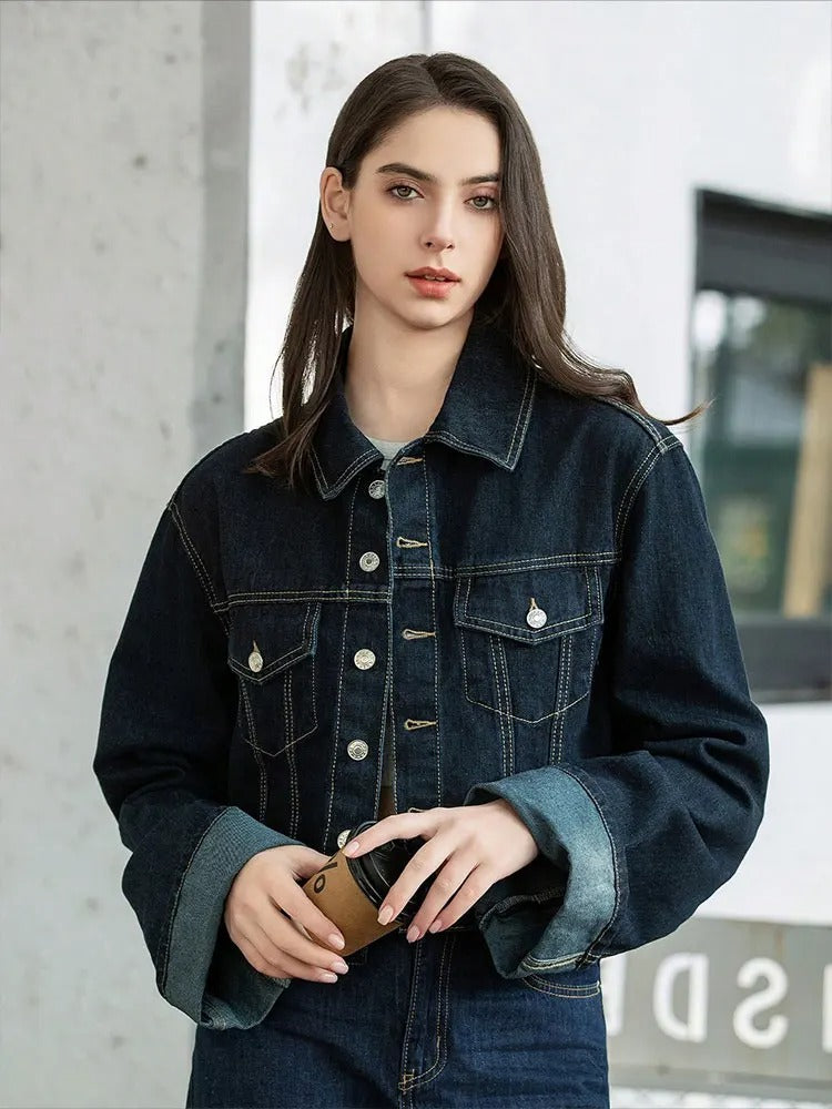 Women's Raw Indigo Denim Jacket – Button Front Point Collar Contrast Cuff Casual