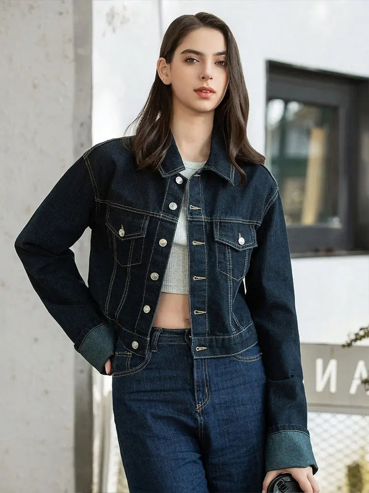 Women's Raw Indigo Denim Jacket – Button Front Point Collar Contrast Cuff Casual