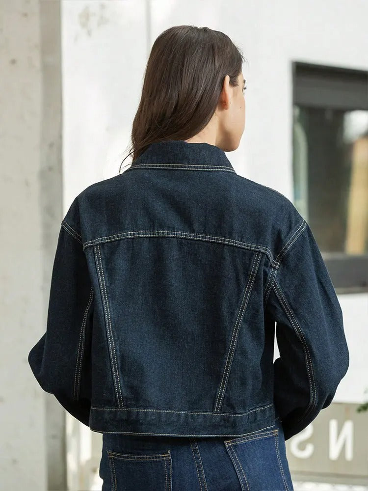 Women's Raw Indigo Denim Jacket – Button Front Point Collar Contrast Cuff Casual
