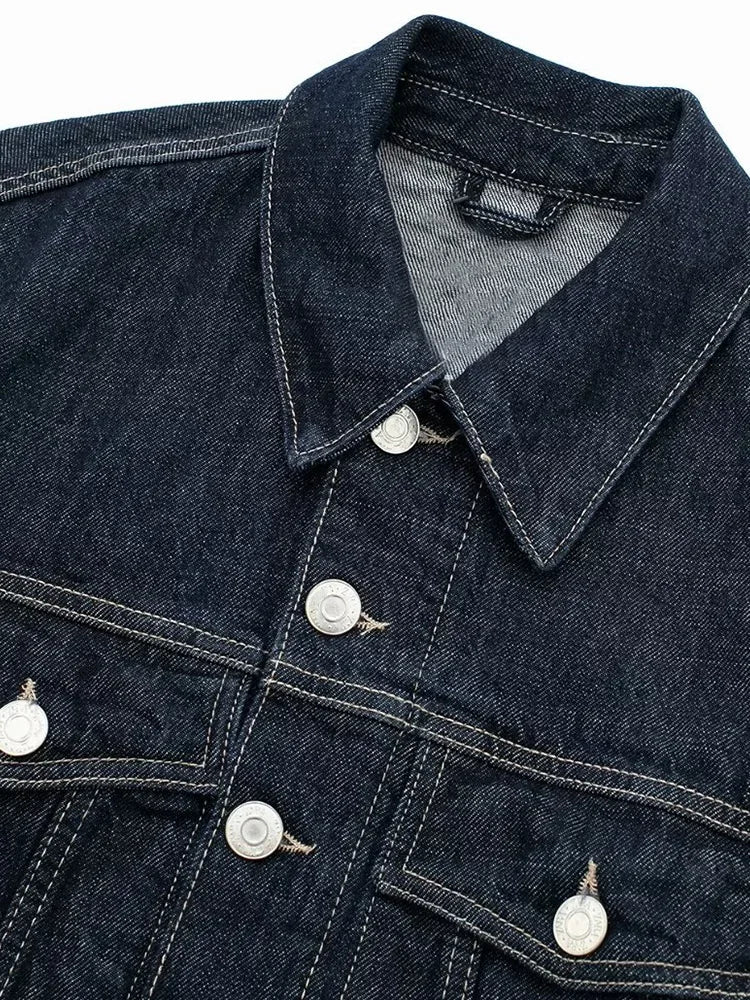 Women's Raw Indigo Denim Jacket – Button Front Point Collar Contrast Cuff Casual