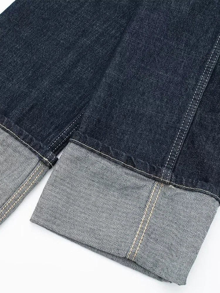 Women's Raw Indigo Denim Jacket – Button Front Point Collar Contrast Cuff Casual