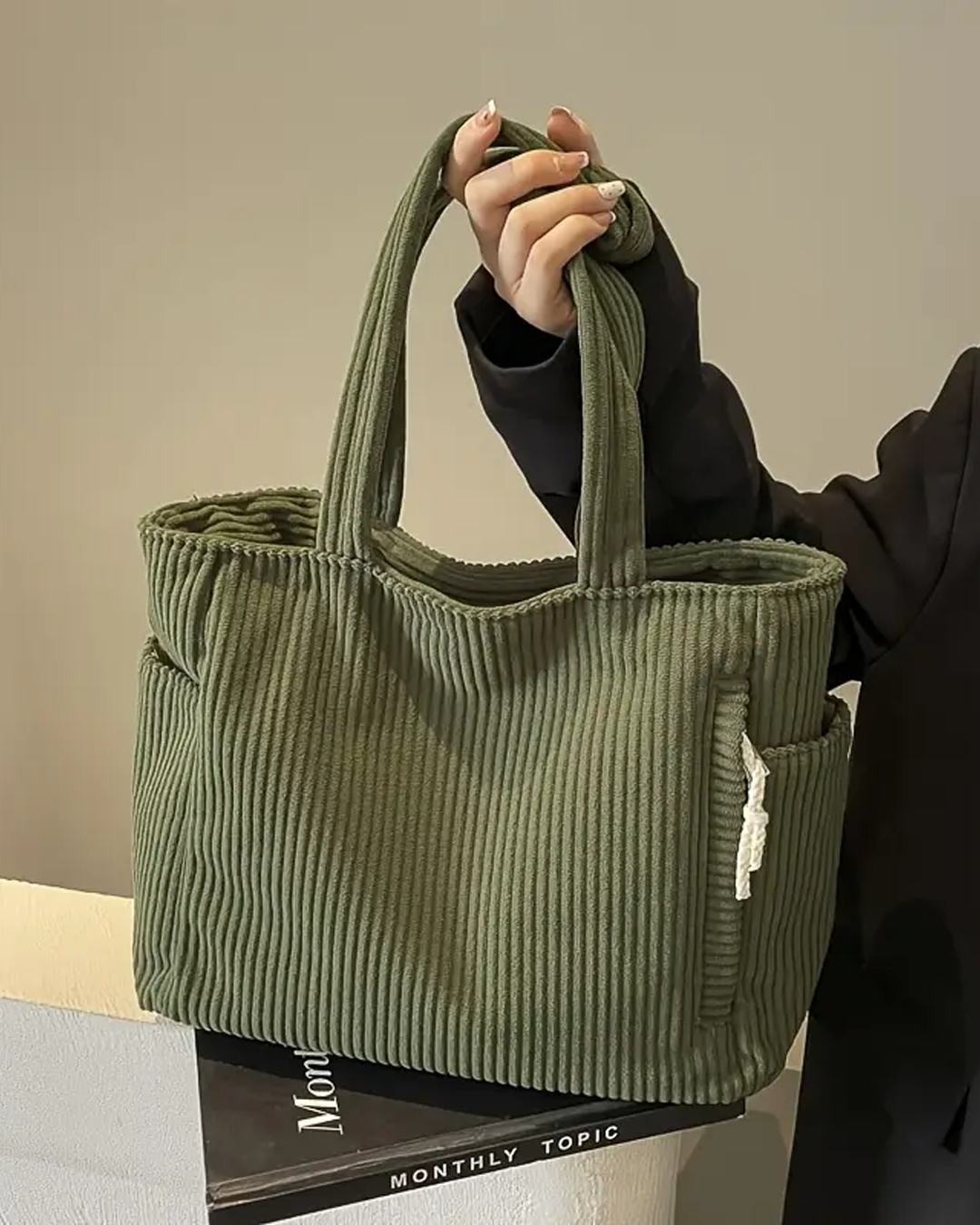 Women's Ribbed Corduroy Tote Shoulder Bag – Side Pocket Open Top Everyday