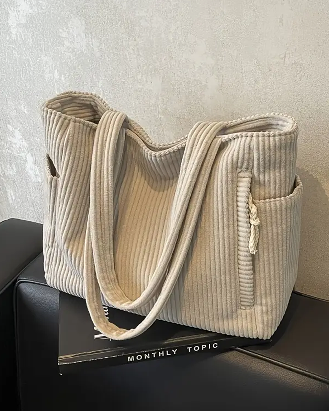Women's Ribbed Corduroy Tote Shoulder Bag – Side Pocket Open Top Everyday