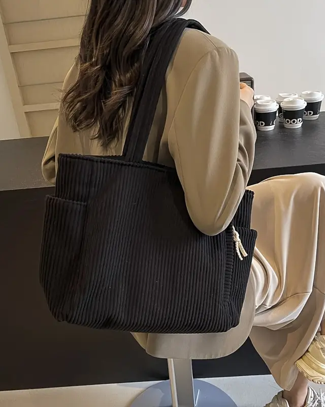 Women's Ribbed Corduroy Tote Shoulder Bag – Side Pocket Open Top Everyday