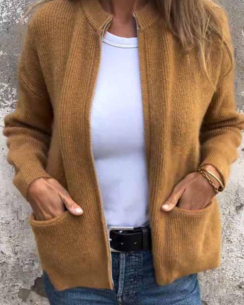 Women's Ribbed Full Zip Pocket Cardigan – Stand Collar Long Sleeve Everyday Wear