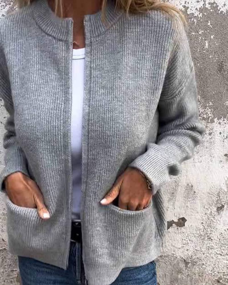 Women's Ribbed Full Zip Pocket Cardigan – Stand Collar Long Sleeve Everyday Wear