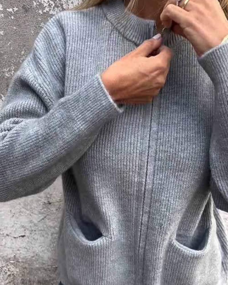 Women's Ribbed Full Zip Pocket Cardigan – Stand Collar Long Sleeve Everyday Wear
