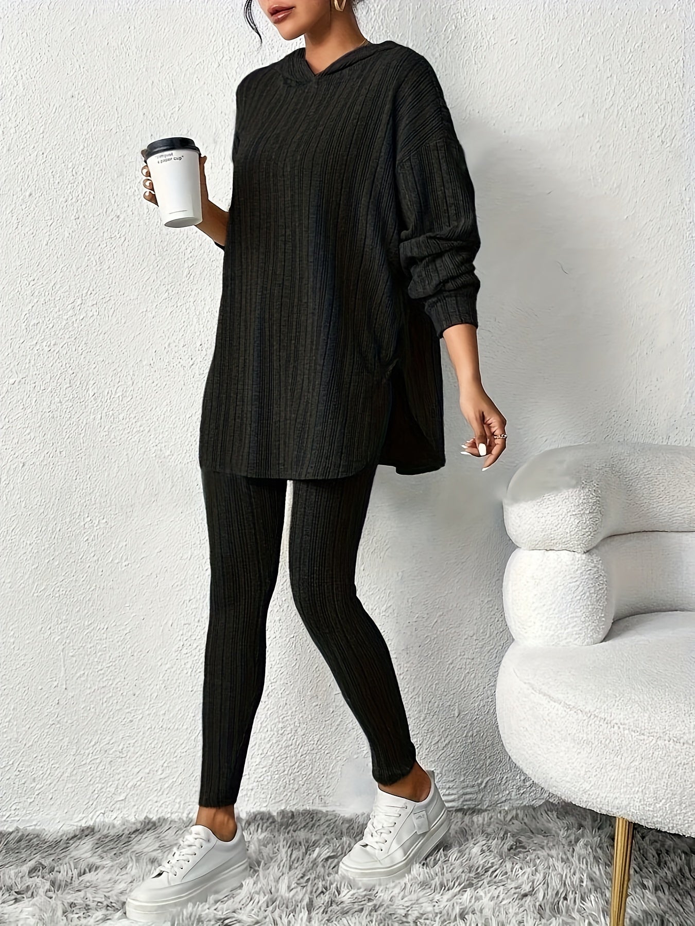 Women's Ribbed Knit 2 Piece Lounge Set – Hoodie Long Sleeve Leggings Casual